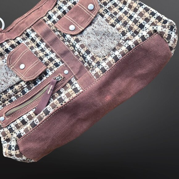 Y2K Brown Tweed Shoulder Bag Large Canvas Academia Fall Autumn Downtown Girl - Picture 7 of 13
